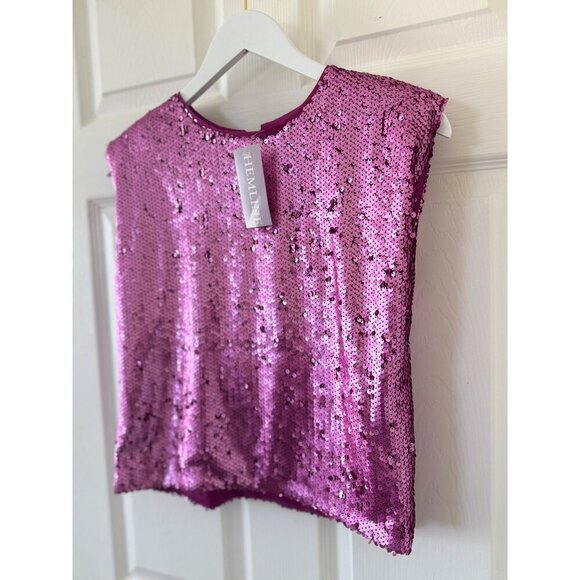 Hemline Hausen Pink Sequin Structured Shoulder Pad Blouse L NWT Festival Boho - Picture 10 of 16